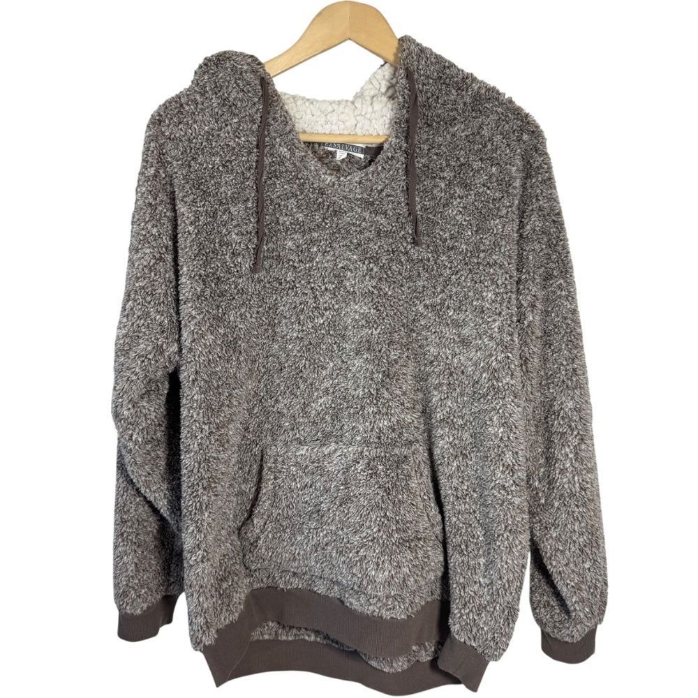 PJ Salvage Heathered Brown Plush Sherpa Pile Hoodie Sz L‎